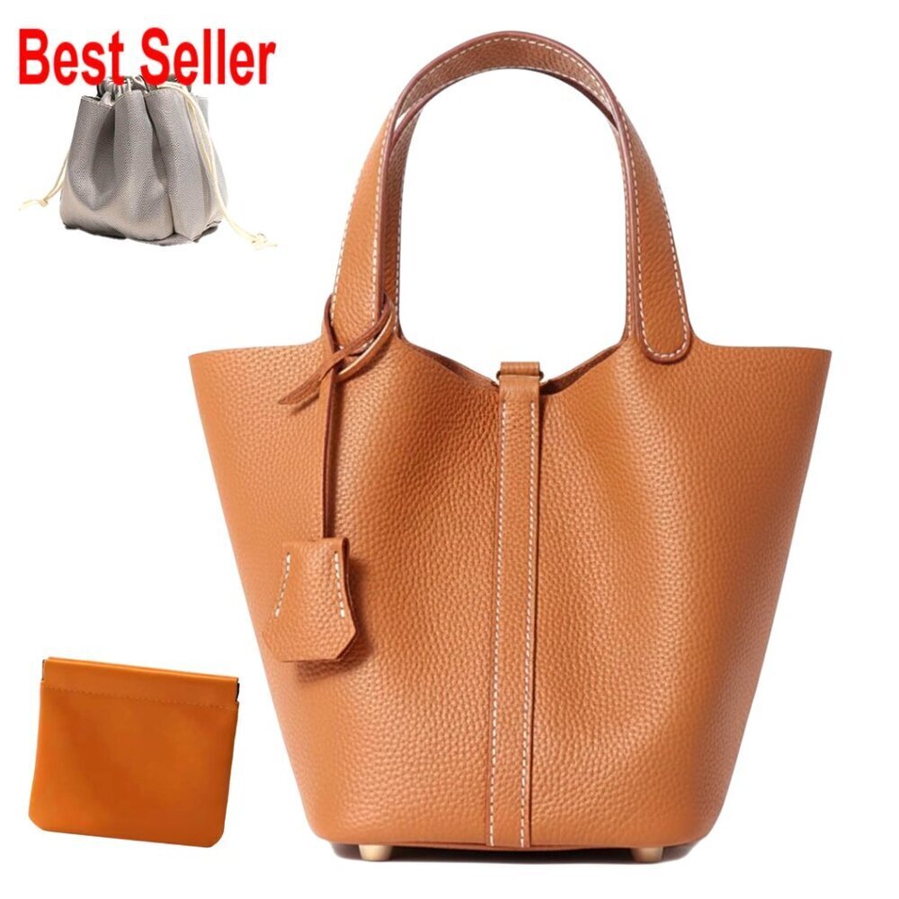 Genuine Leather Bucket Bag with Lock Design, Shoulder Satchel Handbag